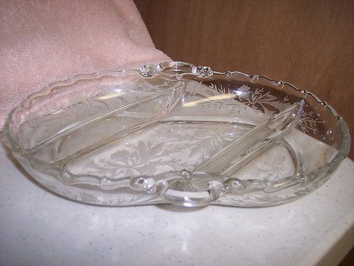 Fostoria Heather Crystal Etched Three Part Relish Dish