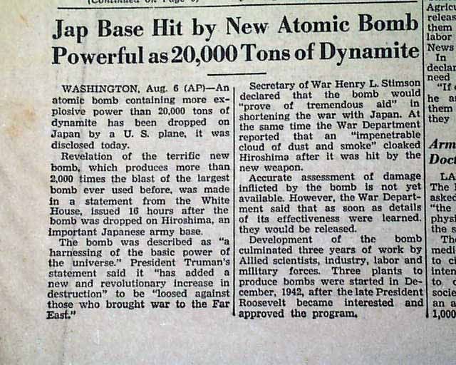 Hiroshima Japan Atomic Bombing 1945 WWII Old Newspaper