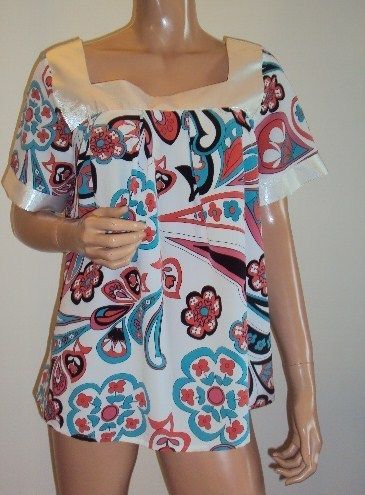 Maurice Sasson White Floral Print Tunic Top Sz L