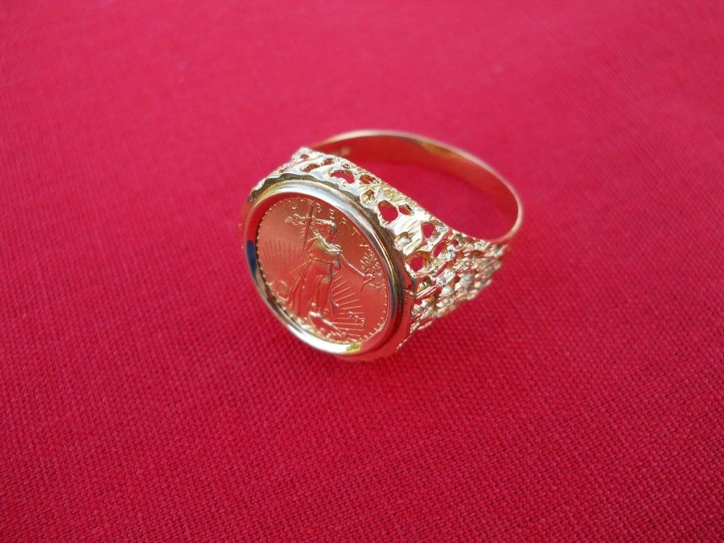 Mens $5 US American Eagle 1 10 Gold Coin Ring in 10K Setting