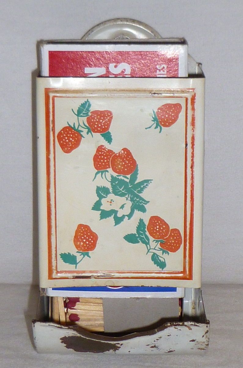 Vintage Tin Metal Kitchen Stick Match Safe Holder Strawberries