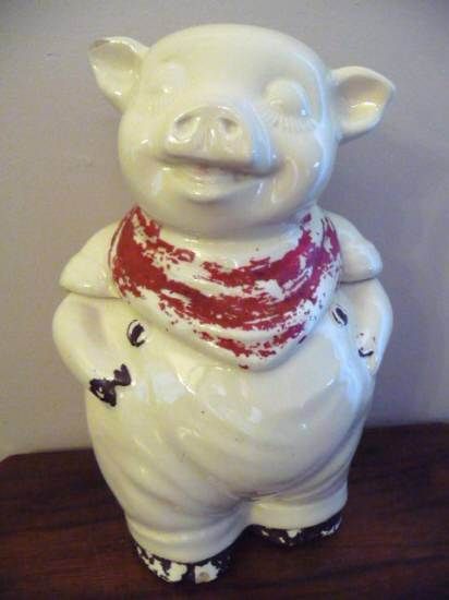 1940s Shawnee Smiley Pig Cookie Jar Vintage Red Bib Brown Buttons