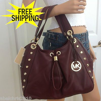 NWT Michael Kors Burgandy Soft Leather Ludlow Stud Shoulder Tote Bag