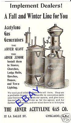 1902 ABNER ACETYLENE GAS GENERATOR AD LIGHT CHICAGO IL