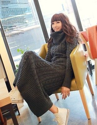 Style Long Sleeve Sweater Dress Wool Blend Ankle Length High Collar