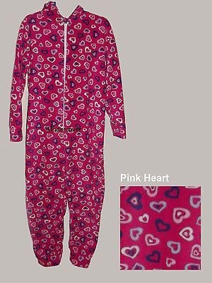 Ladies Teen Hooded Footless Heart Fleece Onesie All In One Pyjamas