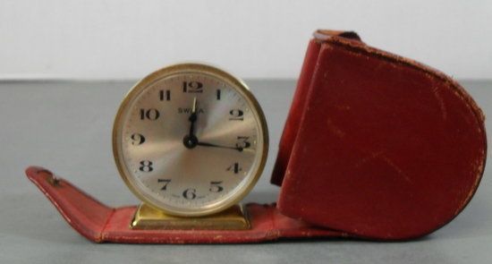 Swiza Manual Wind 8 Day Alarm Clock With Original Red Leather Case