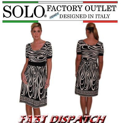 New SOLO Womens Black & White Italian Border Print Calf Length Evening