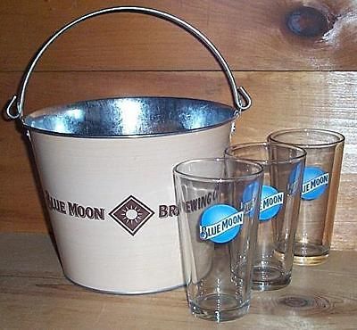 BLUE MOON ALE 3 BEER PINT GLASSES & ICE BUCKET NEW