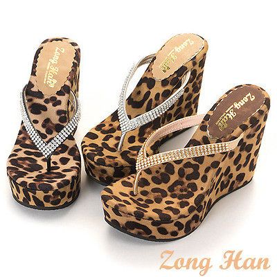 BN Womens Leopard Style High Heel Wedge Slippers Flip Flops Gold