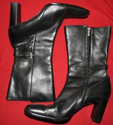 ANNE KLEIN Black Leather Mid Calf 3.25 Heels Boots for Narrow Feet Sz