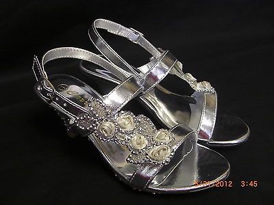 Carrie girls silver open toe flower design ankle strap low heel dress