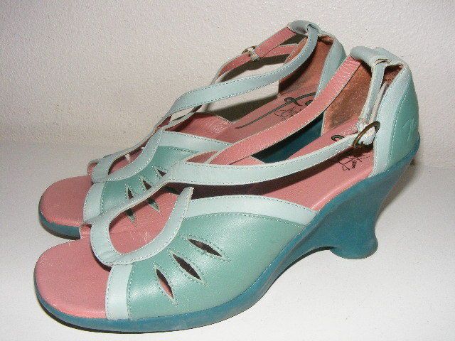 John Fluevog Teal Turquoise Green Leather High Heel Shoes Cross Strap