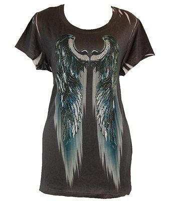 New Rhinestone Bling Angels Wing Graphic Western Top JUNIORS Plus