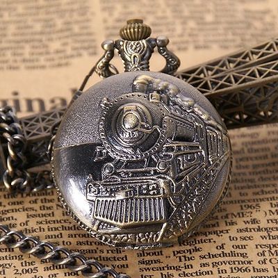 Vintage Bronze Train Case Xmas Gift Antique Style Chain Quartz Pocket