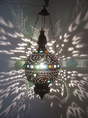 Moroccan Jeweled Oxidized Brass Pendant Lamp Lantern