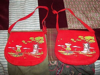 Estate Sale Lot of 2 Vintage Red Purses with Girl & Boy Scene for