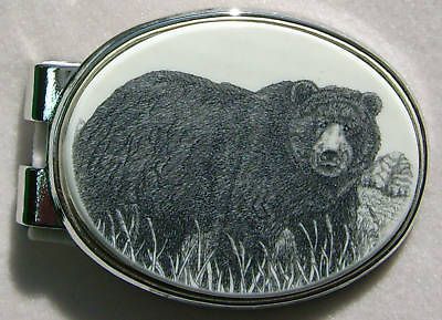 Money Clip Oval Barlow Scrimshaw Carved Painted Art Bear Silver