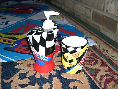 NASCAR Shower CURTAIN +Bathroom accessories SOAP/Lotion PUMP & CUP