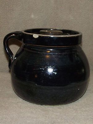 very old antique circa 1800s thick heavy brown handle lid bean pot