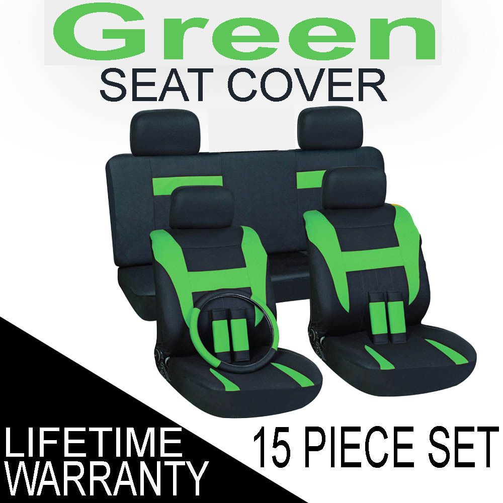 15pc Set Green Black Auto Car Seat Covers FREE Steering Wheel Belt Pad