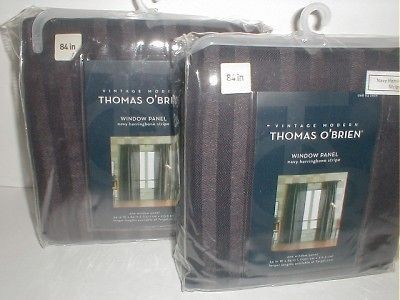 THOMAS OBRIEN WINDOW PANELS NAVY HERRINGBONE STRIPE