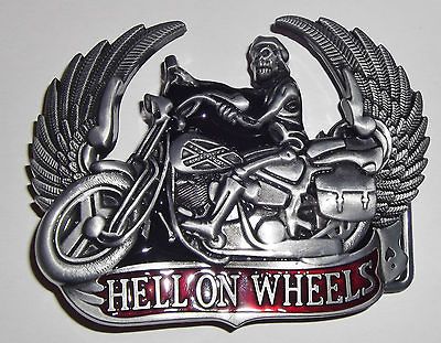 HELL ON WHEELS MOTORCYCLE BELT BUCKLE   SKULL WINGS   CONFEDERATE FLAG