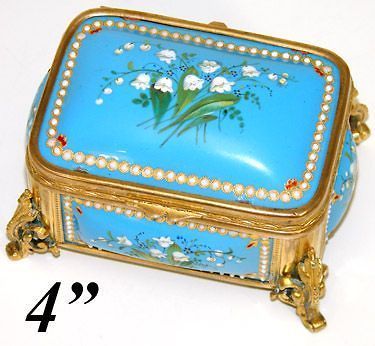 Kiln Fired Enamel 4 Jewelry Casket, Painted Bell Flowers, Jewels