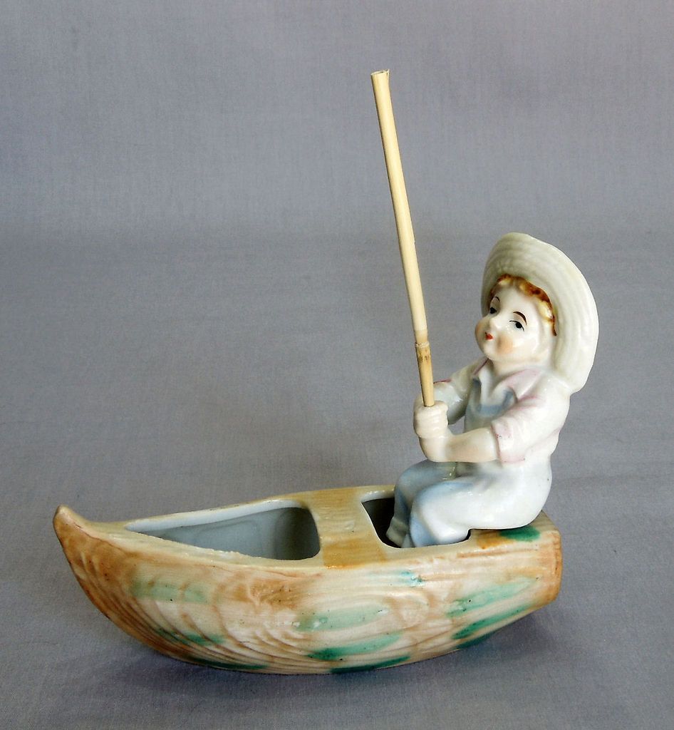 VTG PORCELAIN FISHING BOAT BOY w BAMBOO POLE FIGURINE JAPAN