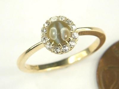 BEAUTIFUL ANTIQUE ENGLISH 18K GOLD CHRYSOBERYL CABOCHON DIAMOND RING