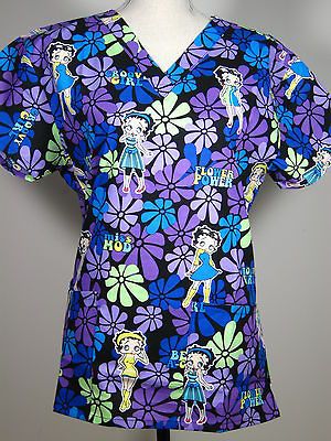 NEW Nursing Scrubs Top Betty Boop Retro Groovy A GO GO Purple MEDIUM