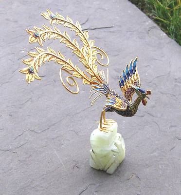  Collectible Vintage Filigree Cloisonee Bird, Jade Base, Hand Made