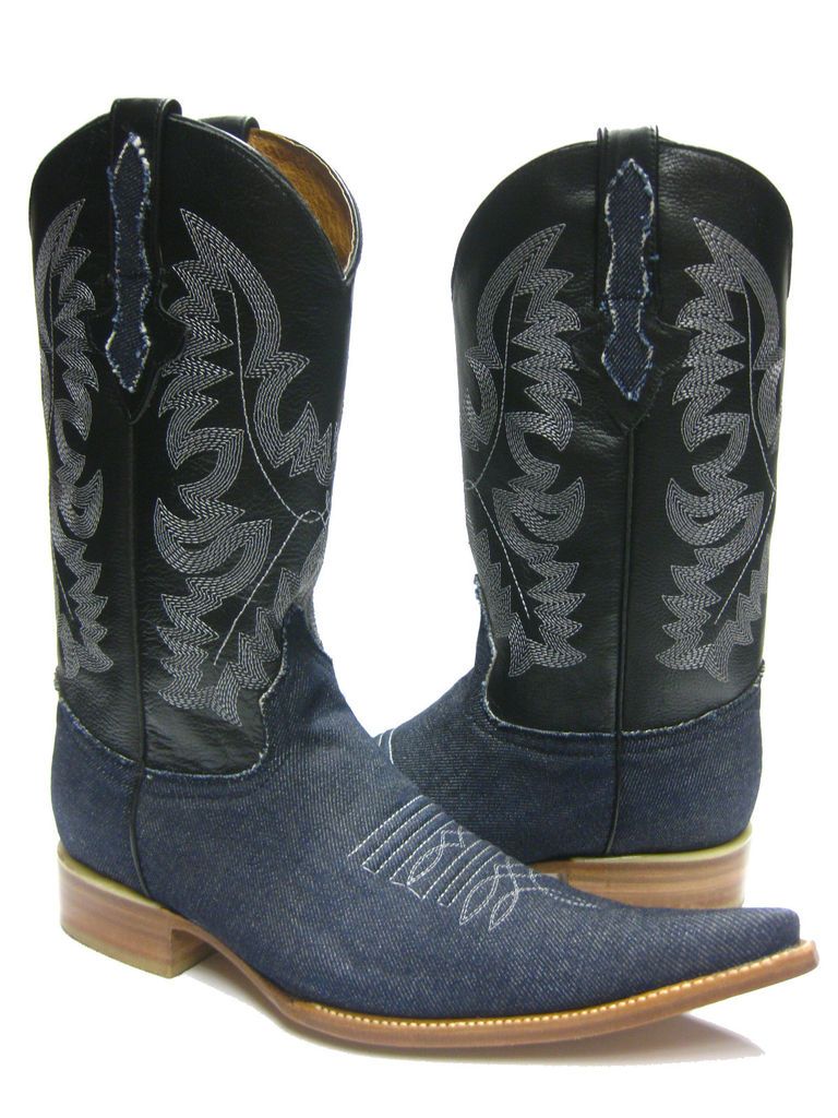 MENS FANCY BLUE JEAN DENIM LEATHER ROCK STAR COWBOY BOOTS WESTERN