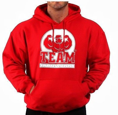 BODYBUILDING CLOTHING HOODIE WORKOUT TOP RED TEAM IRONWORKS LOGO