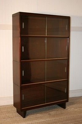 Mahogany Mid Century Modern 4 Stack Lawyers Barrister Bookcase w Glass