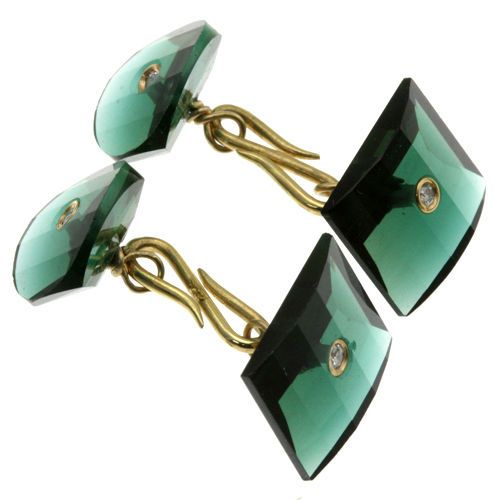 18k yellow gold faceted green quartz and bezel set diamond cufflinks