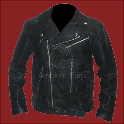 Mens Classic Black Brando Genuine Leather Biker Jacket Terminator