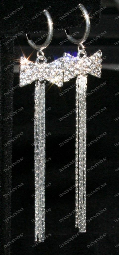 ON rhinestone CRYSTAL bow SLINKY EARRINGS liquid silver plated long