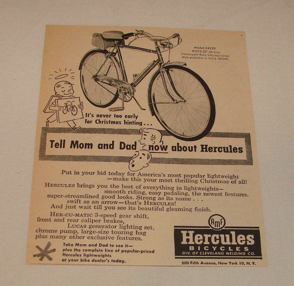 1954 AMF HERCULES bicycle ad ~ Christmas Hinting