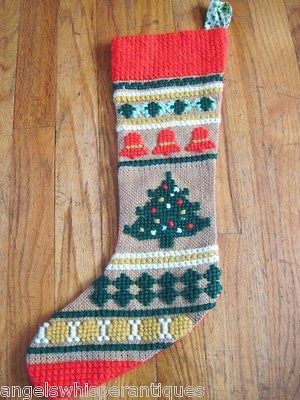 Vtg Christmas Stocking Needlework Needlepoint Burlap Rustic Primitive