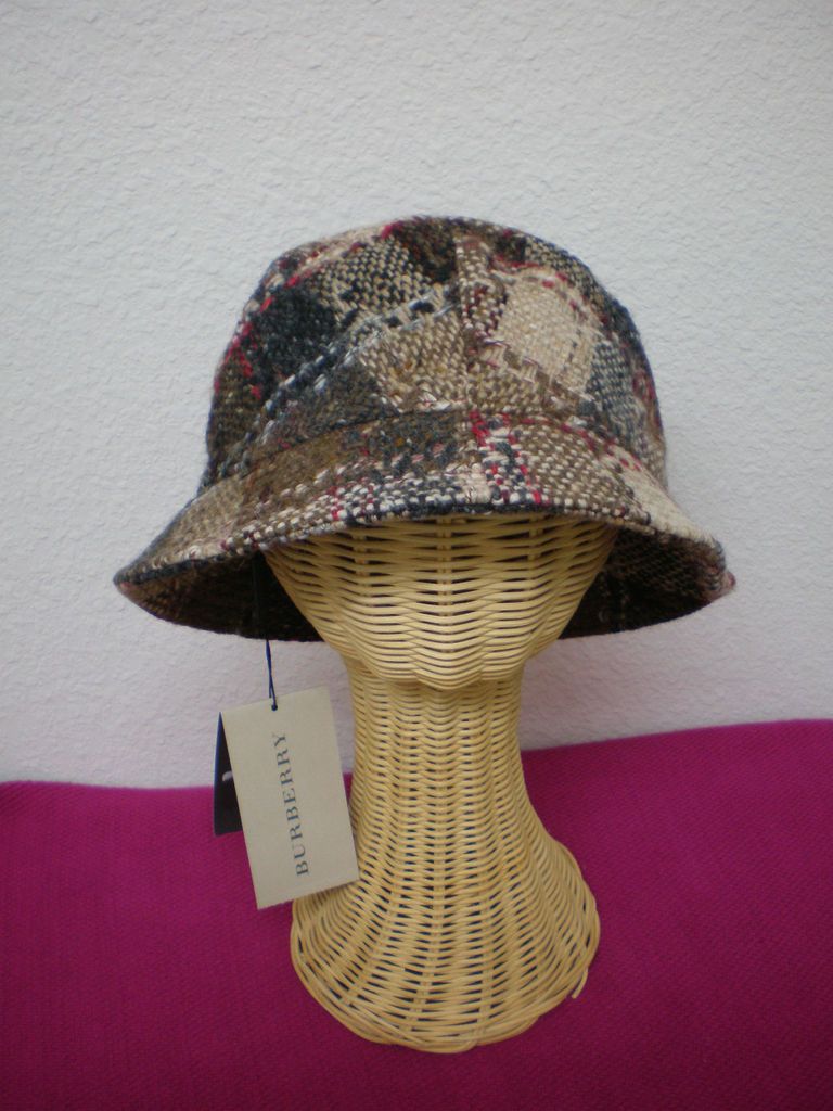 Burberry London Women Bucket Hat 100% Wool Brown Charcoal Plaid S M L