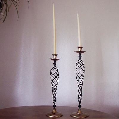 Two Vintage Brass Spiral Candle Holder Sticks Tall Spiraled