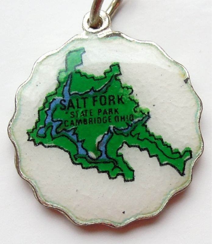 Salt Fork Park Cambridge OHIO Map Silver Enamel Charm   Travel Shield