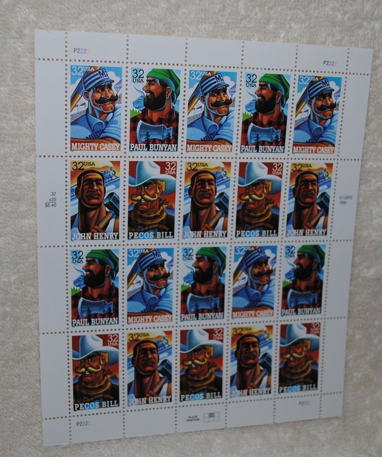 , Folk Heroes, Pecos Bill, Paul Bunyan, full sheet, 32c, mint, MNH