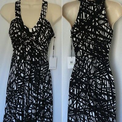 CALVIN KLEIN BLACK / WHITE V NECK RUCHED SLEEVELESS DRESS SIZE 4 NEW