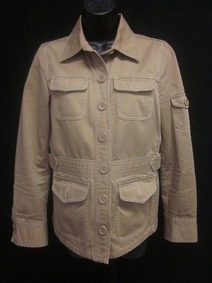 CREW Beige Cotton Collared Cargo Pocket Belted Safari Jacket Sz S