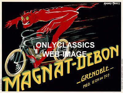 1915 MAGNAT DEBON DEVIL RIDES A MOTORCYCLE POSTER  HARLEY DAVIDSON