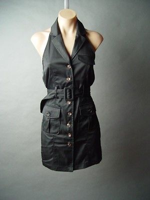 Black Nautical Military Cargo Style Belted Button Front Halter Shirt