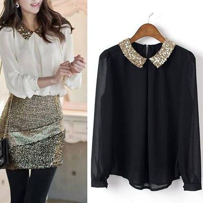 New Womens Vintage Sequin Peter Pan Collar Puff Sleeve Sheer Loose