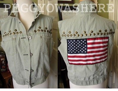 VTG STUD military Khaki CHAMBRAY DENIM VEST American flag FESTIVAL